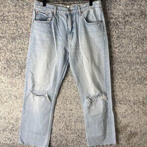 Zara Jeans Womens 10 Light Wash Distressed Straight Leg Raw Hem High Rise
